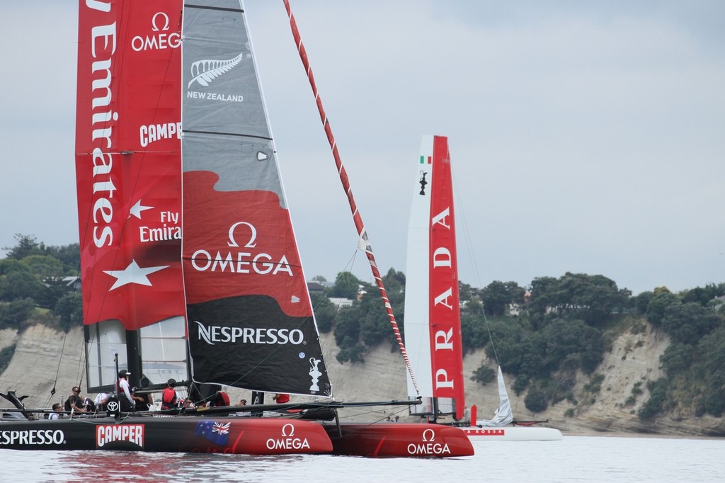Emirates Team NZ and Luna Rossa wait for racing to start off Takapuna Beach, Auckland © Richard Gladwell www.photosport.co.nz